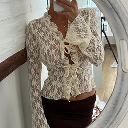 hirigin Elegante Vrouwen Zomer Kant Bloemen Tops Flare Lange Mouw Tie Front Sheer Slim Crop Vest Clubwear blusa mujer moda 240123