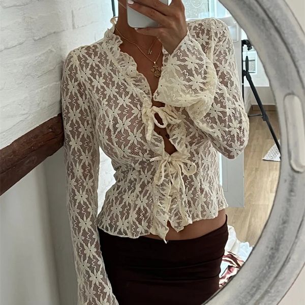 Hirigin Elegant Women Lace Lace Floral Tops Flare Long manche à manches longues Front Slim Crop Cardigan Clubwear Blusa Mujer Moda 240416