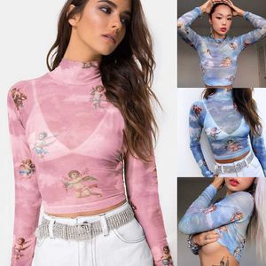 Hiriginien Fashion Women See-Through Sheer Mesh Fishnet T-shirt Crop Top Leuke Angel Gedrukt Vrouwelijke Zomer Mesh Tops X0628