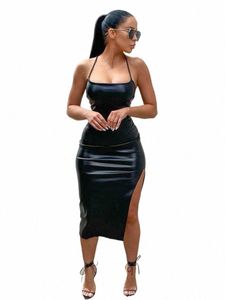 Hirigin PU cuir noir fête Sexy Dres pour les femmes 2023 licou dos pansement Bodyc Dr dames Club fente Midi Dr 01Q2 #