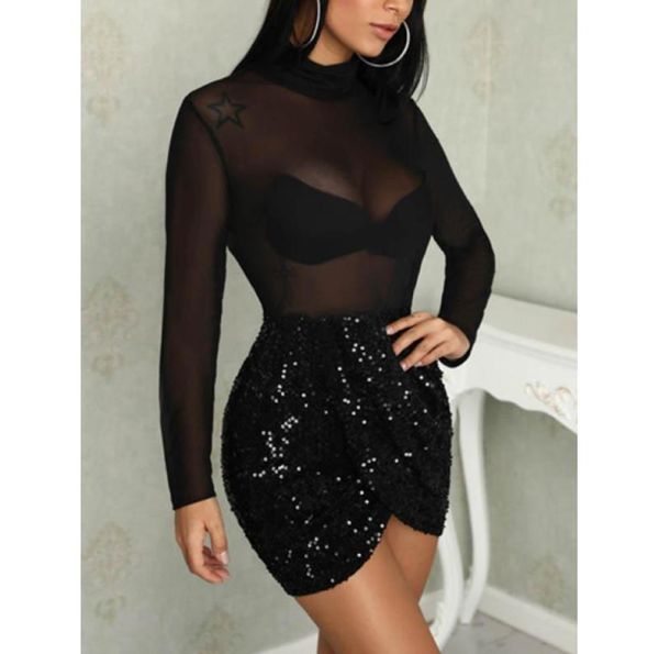 Hirigin Summer Femmes Sexy Seethrough Mesh à manches longues à manches longues à col roulé bandage noir Short Mini Dress Night Club Sex Wear Casua5134840