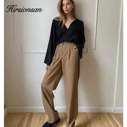 Hirsionsan taille haute lâche pantalon droit femmes bureau dame Cusual jambe large pantalon Vintage fermeture éclair-up femme 211115