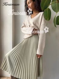 Hirsionsan Pleeded Jirt 2023 Automne Korean Fashion Vintage Solid A Line for Lady Chic Elegant Midi 240411