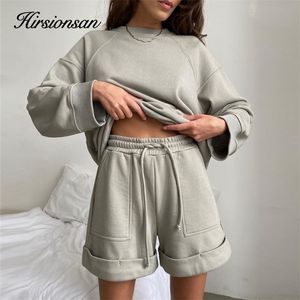 Hirsionsan zachte katoen sets vrouwen casual twee stukken lange mouw sweatshirt hoge taille shorts solide outfits tracksuit 220805