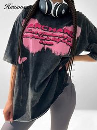 Hirsionsan Y2K Qualité surdimensionné acide lavé T-shirt Femmes Vintage Imprimes Tshirts Streetwear Wash Tee Girl Brand de luxe Tops 240507