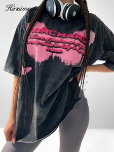 Hirsionsan Y2K Qualité surdimensionné acide lavé T-shirt Femmes Vintage Imprimes Tshirts Streetwear Wash Tee Girl Brand de luxe Tops 240401