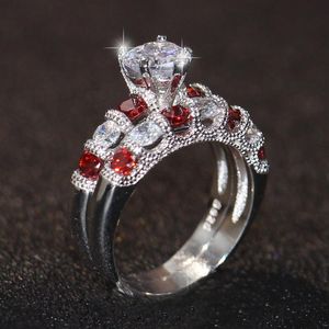 Zijn en haar paar ringen vintage mode-sieraden 925 sterling zilver ronde geslepen topaas robijn coole edelstenen bruidsring set voor love2081