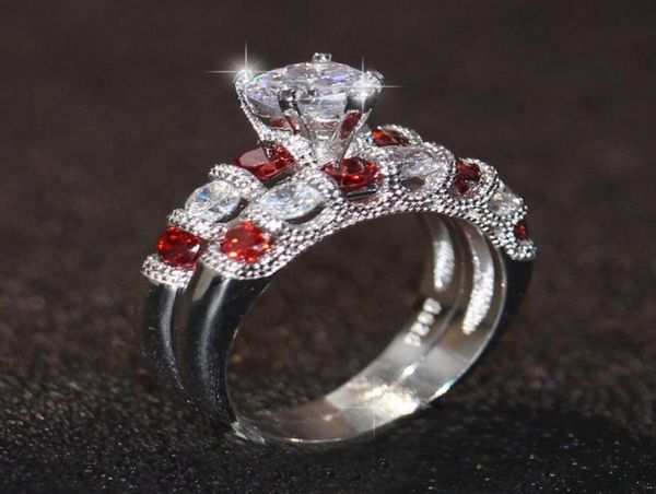 Anillos para parejas para él y para ella, joyería de moda vintage, plata de ley 925, corte redondo, topacio, rubí, piedras preciosas frescas, conjunto de anillos nupciales para el amor4302886