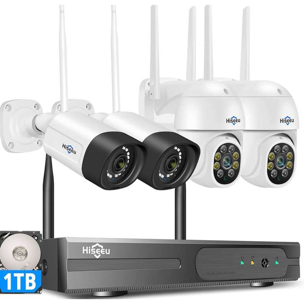 Système de caméras de sécurité extérieure sans fil HiSEU 5MP avec des caméras à puces PTZ, IP66 imperméable, vision nocturne, alerte de mouvement, stockage de 1 To, WiFi - pas de frais mensuels