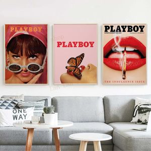 HiMple Play Boy Canvas Painting Magazine Flowers Butterflies Bunnitjes Rode lippen Sexy Lady Modern Poster Prints Wall Picture Man Cave Art Home Room Decor Frameless