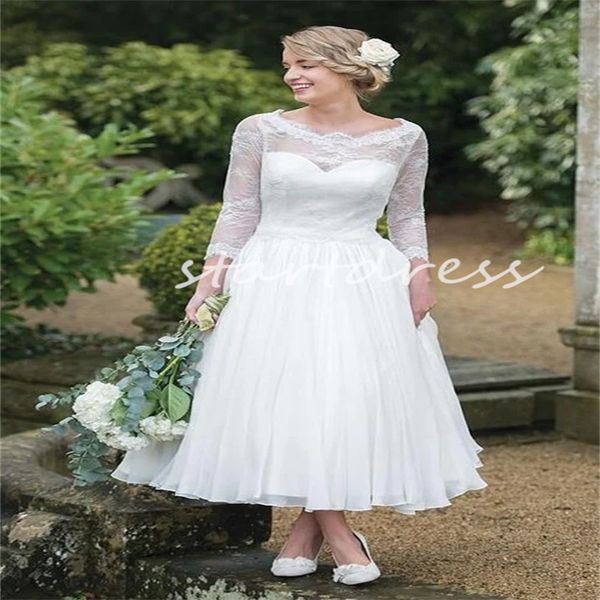 Robe de mariée civile blanche hispanique 2024, col rond, dentelle, style Boho, longueur thé, robe de mariée courte de plage avec manches, bouton en mousseline de soie, dos nu, robe de mariée de campagne britannique chic