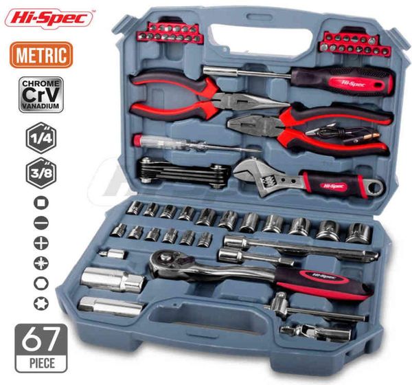 HiSpec 67 pièces Kit d'outils de réparation de voiture ensemble 14 38 outils mécaniques automobiles outils à main métriques bricolage jeu de tournevis à douille pince dans la boîte H22056898046