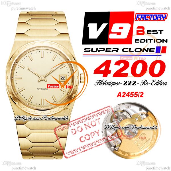 Historiques 4200H 222 Jumbo A2455 Montre automatique unisexe pour homme et femme V9F 37 mm Cadran en or jaune Bracelet en acier inoxydable Super Edition Puretimewatch Reloj Hombre f2
