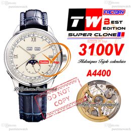 Historiques Triple calendrier 3100V A4400 Montre automatique pour homme TWF 40 mm MoonPhase Boîtier en acier Cadran beige Cuir bleu Super Edition Puretime Reloj Hombre PTVC f2