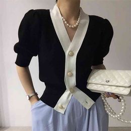 Hit Color Patchwork Punto Suéter Cardigans Mujeres V Cuello Manga larga Solo Pecho Pull Femme Abrigo Primavera Sueter 210422