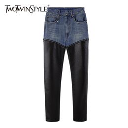 Hit kleur patchwork pu lederen jeans voor vrouwen hoge taille casual denim broek vrouwelijke mode kleding 210521