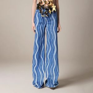 Pantalones de mezclilla de prnting rayado de color para mujeres Posaje de mosaico de cintura alta, pantalones de longitud completa de longitud completa, 240527