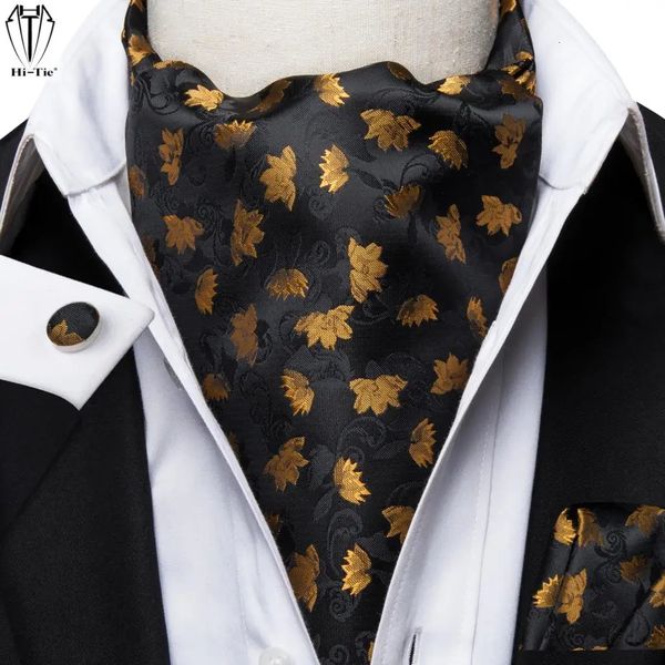 Hittie Black Gold Maple Feuilles de soie Ascottes Ascottes Hanky Cuffe Links Set Jacquard Vintage Cravat Tie Écharpe pour mâle Formal décontracté240409