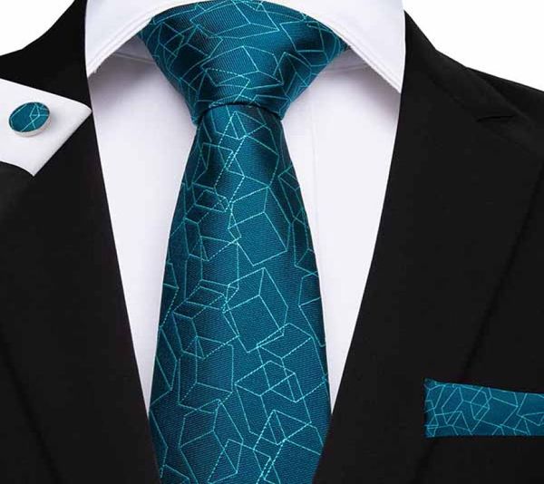 HiTie cravates de noël vert paon cravate géométrique poche boutons de manchette carrés 100 cravate en soie désherbage affaires Gravatas SN70492076946