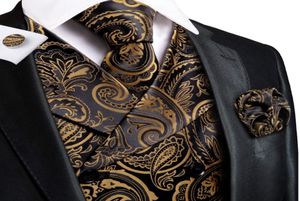 Hitie Gold Black Paisley Floral Silk Men Slim Waistcoat stropdas set voor pakjurk bruiloft 4 stks vest hanky manchet 5125203