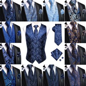 Hitie Navy Blue Mens Vest Formele zijde Paisley Waistcoat Jacket Tie zakdoek manchetknopen Set voor mannelijk kledingpak Wedding Party 240529