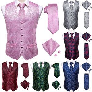 HiTie Roze Groen Paisley Zijden Jurk Vest Set Voor Mannen Donkerblauw Jacquard Heren Pak Mannelijke Vest Bruiloft Formele Jas 240119