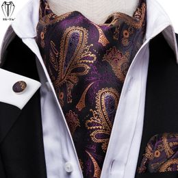 Hitie Purple Gold Paisley Silk Mens Ascots Hanky Cufflinks Set Jacquard Cashew Vintage Cravat Tie Scarf voor mannelijke bruiloft Prom240409