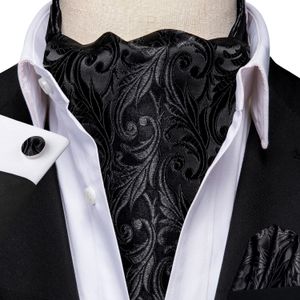 Hitie Silk Black Mens Ascot Tie Packen Square Cufflinks Set Jacquard geweven Cravat voor mannelijke bruidegomsman bruiloft Business Events240409