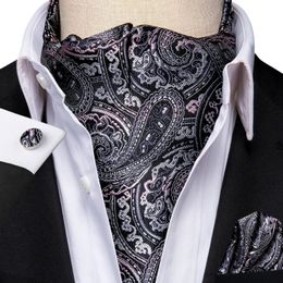 Hitie Silk Gray Mens Ascot Tie Packen Square Cufflinks Set Jacquard Woven Cravat voor mannelijke bruidegomsman bruiloft Business Events240409