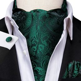 Hitie Silk Green Mens Ascot Tie Packen Square Cufflinks Set Jacquard geweven Cravat voor mannelijke bruidegomsman bruiloft Business Events240409