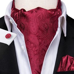 HITIE SILK RED BURGOUND MENS ASCOT ASCOT TIE HANKY CUFFLINKS Set Jacquard Woven Cravat pour les hommes d'honneur masculin Business Event240409