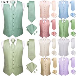 Hitie Solid Silk Mens Pak Vesten 4 st geweven Sage Groene Waastcoat Tie Packen Square Cufflinks Business Wedding Dress Taille Jacket 240507