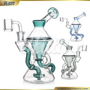 Hittn Recycler Bong Dab Rig Glass Bong 7,6 inch Douchekop Perc Dual Arms Hand geblazen rookwaterpijp 14 mm gewricht Quartz Banger Black Blue Lake Green 2024 Nieuw