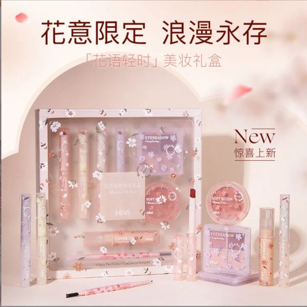 HiVi Flower Language Light Time Coffret cadeau Lip Glaze Jelly Mirror Rouge à lèvres étanche Transparent Blush Ombre à paupières Maquillage 231225