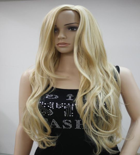 Hivision nueva moda sin flequillo parte superior de la piel lateral mujer039s peluca ondulada larga y rizada mezcla rubia dorada 7565490