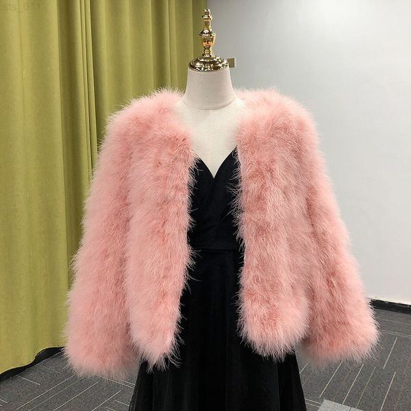 HJQJLJLS 2021 nuevo abrigo de piel de avestruz rosa Sexy para mujer abrigo de piel de pavo gris esponjoso para mujer Festival de invierno de manga larga et T220716