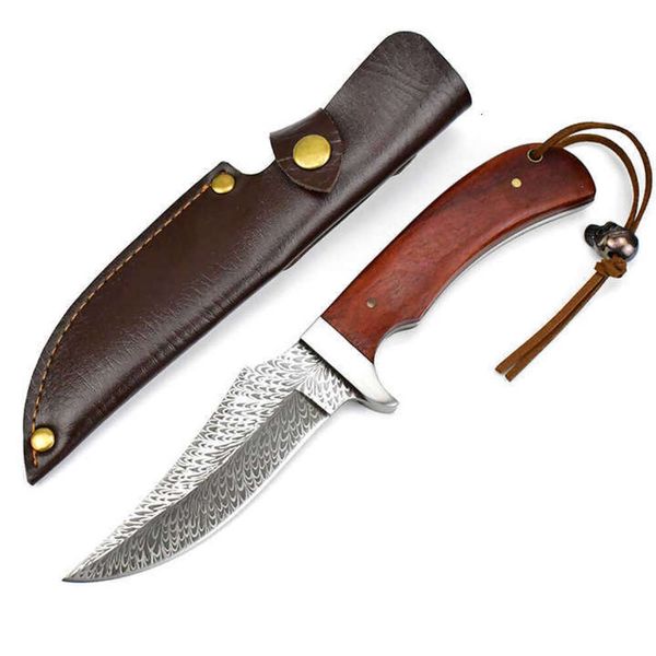 HK073 Super pointu de haute qualité avec motif en cuir Couteaux à lame fixe gaine en cuir Camping Hunting Couteau extérieur couteau