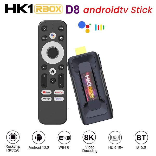 HK1 RBOX D8 TV Stick Android 13 RK3528 8K VIDEO DECOCDING 4 Go 32 Go Andoirirdtv OS WiFi6 BT5.0 avec BT VoEp Control TV Dongle