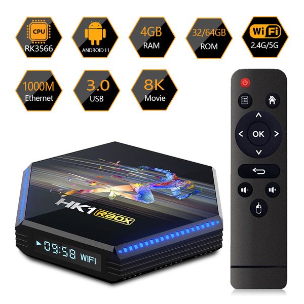 HK1 RBOX R2 Android 11.0 Smart TV RK3566 DDR4 4 Go 64 Go 4G32G 8K Media Player 1000m 2.4 / 5G WiFi Bluetooth 4.0 TVBOX Android11 Set Top Box