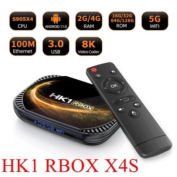 HK1 RBOX X4S ANDROID 11.0 AMLOGIC S905X4 Caja de TV inteligente 4GB RAM 32 GB / 64GB 2.4G5G WIFI 100M LAN YouTube 8K 4K Set Top Box
