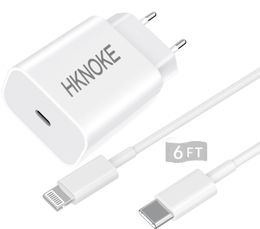 HKNOKE Chargeur rapide USB C 20 W et câble de 2 m Prise d'alimentation murale USBC Adaptateur d'alimentation de type C pour iPhone 13/13 Mini/13 Pro/13 Pro Max/12/12 Mini/12 Pro/12 Pro Max 11 SE AirPods