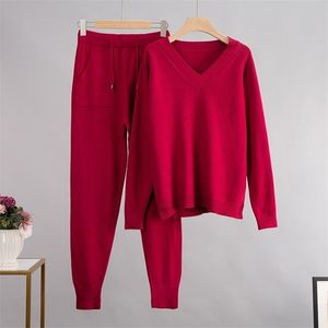 HLBCBG – ensemble tricoté en cachemire pour femme, pull ample à col en V, pantalon carotte, tenue 2 pièces, survêtement sarouel, 220315