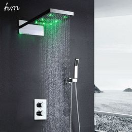 HM 22 "LED Set Set Water Saving Waterfall Panneau de douche Panneau thermostatique Valve de salle de bain Rainquette Robinets Système