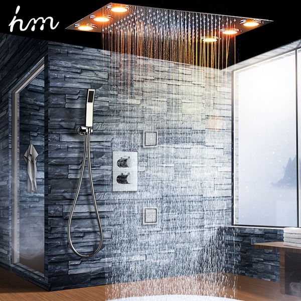 HM Salle de bain Plafond LED Set 360 * 500 mm Panneau de douche Panneau de douche Thermostatic Mixer Robinets avec jet de corps de massage de 4 