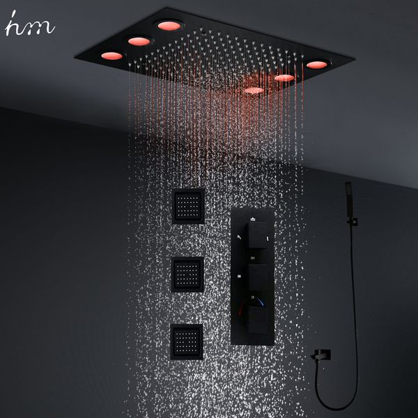 HM Sistema de ducha LED negro de alta calidad Juego de techo incrustado Cabezal de lluvia de ducha de lluvia Baño lateral de chorro termostático grifos