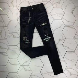 Jeans masculinos de alta qualidade HM504 Distressed Motorcycle biker jean Rock Skinny Slim Ripped hole stripe Fashion bordado de cobra De262Z