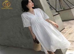 HMA New Fashion Elegant White Cotton Lace Party Robe Femme Summer Summer Sleeve Plus taille Robes Vestidos féminins 2104099646450