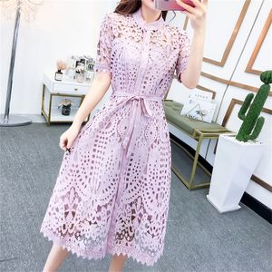 HMA Spring Summer Runway Women S Kleding Geplooide Stand Kraag Kraag met korte mouw met één borsten Polka Dot Lace Dress 220613