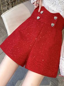HMA Vrouwen Mode Front Liefde Metalen Knoppen Tweed Shorts Vintage Hoge Taille Wollen Vrouwelijke Korte Broek Mujer 240320