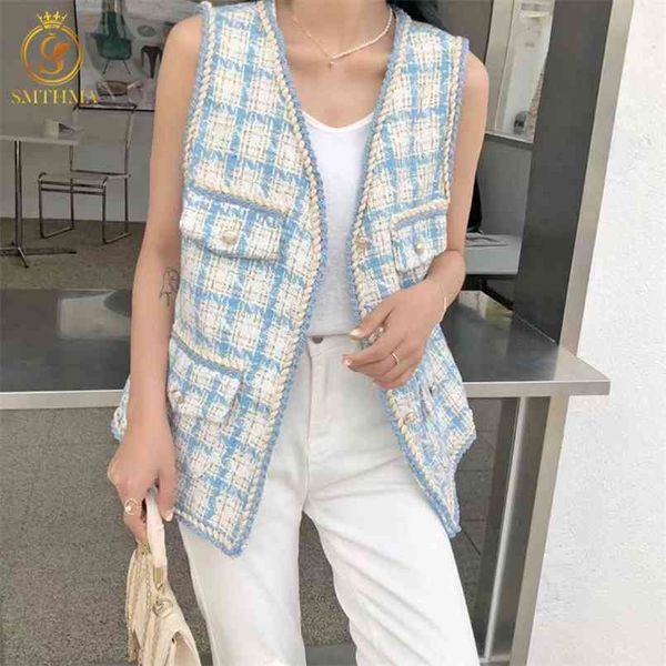 HMA femmes mode simple boutonnage Tweed laine gilet Vintage col en V sans manches femme gilet survêtement Chic hauts 210817